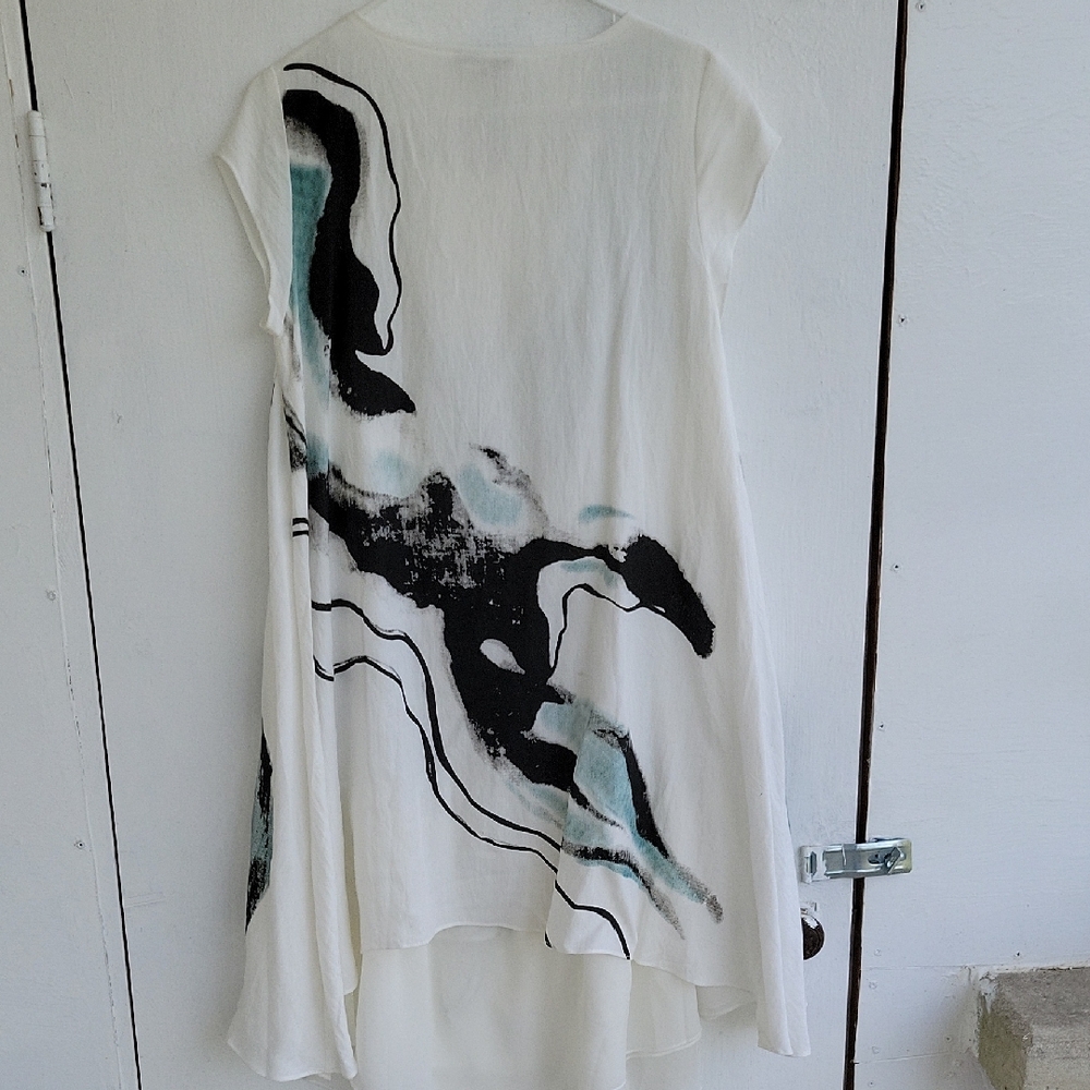 VEINFUNS Stylish White Dress Midi Linen And Cotton Short Sleeve Artsy Boho L - Picture 8 of 9